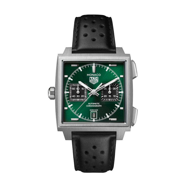 TAG Heuer Monaco Chronograph Automatik Titan 39mm grünes Zifferblatt schwarzes Lederband