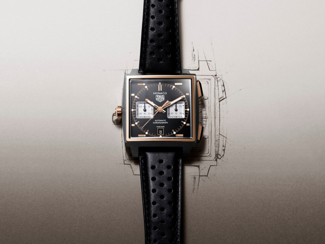 TAG Heuer Monaco Chronograph Automatik Titan und Roségold 39mm schwarzes Lederband