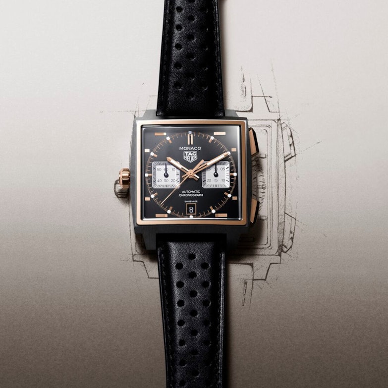TAG Heuer Monaco Chronograph Automatik Titan und Roségold 39mm schwarzes Lederband