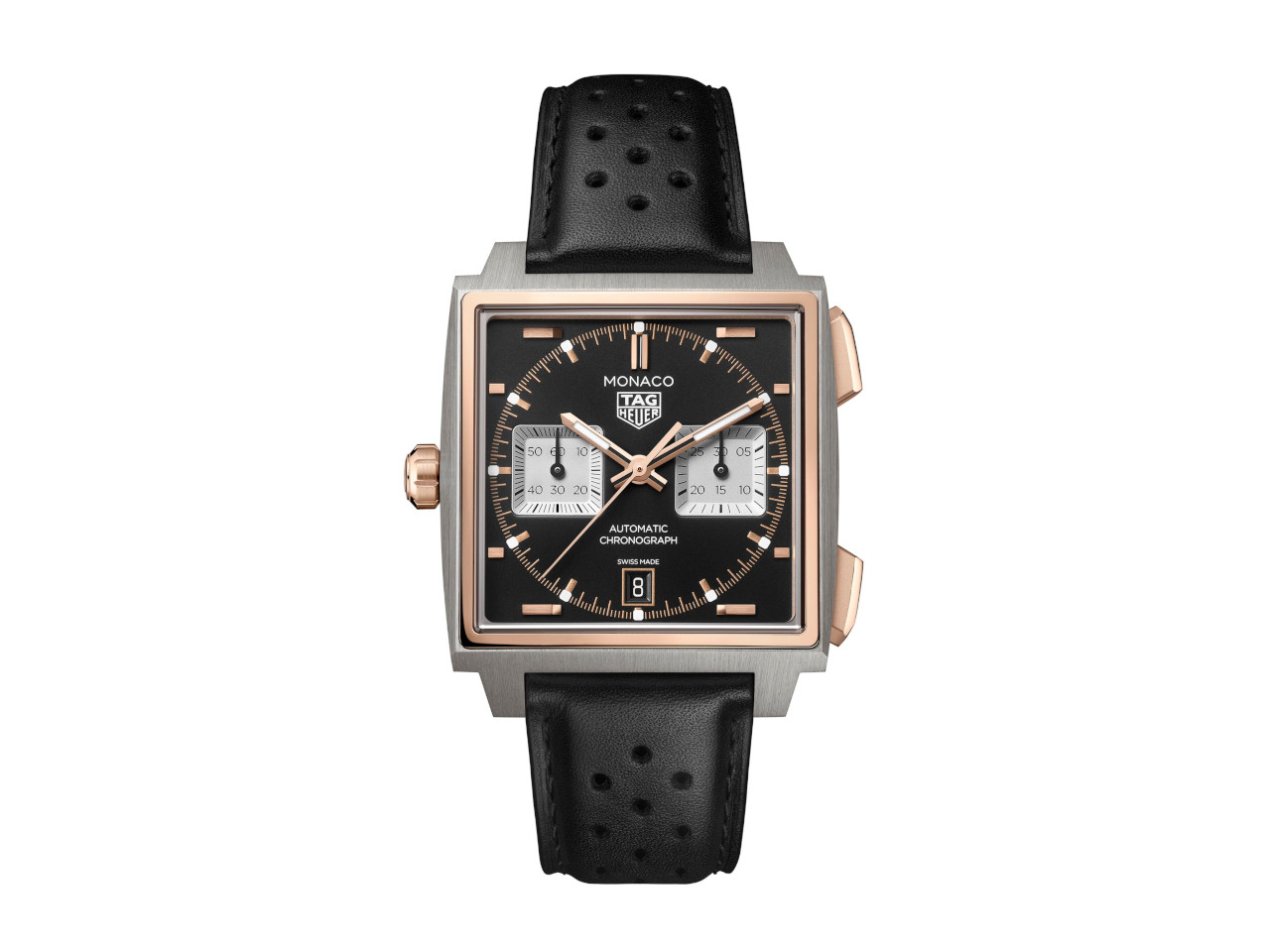 TAG Heuer Monaco Chronograph Automatik Titan und Roségold 39mm schwarzes Zifferblatt schwarzes Lederband