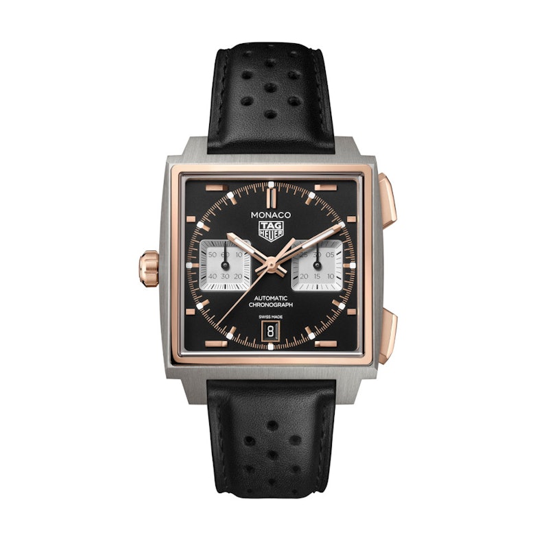 TAG Heuer Monaco Chronograph Automatik Titan und Roségold 39mm schwarzes Zifferblatt schwarzes Lederband