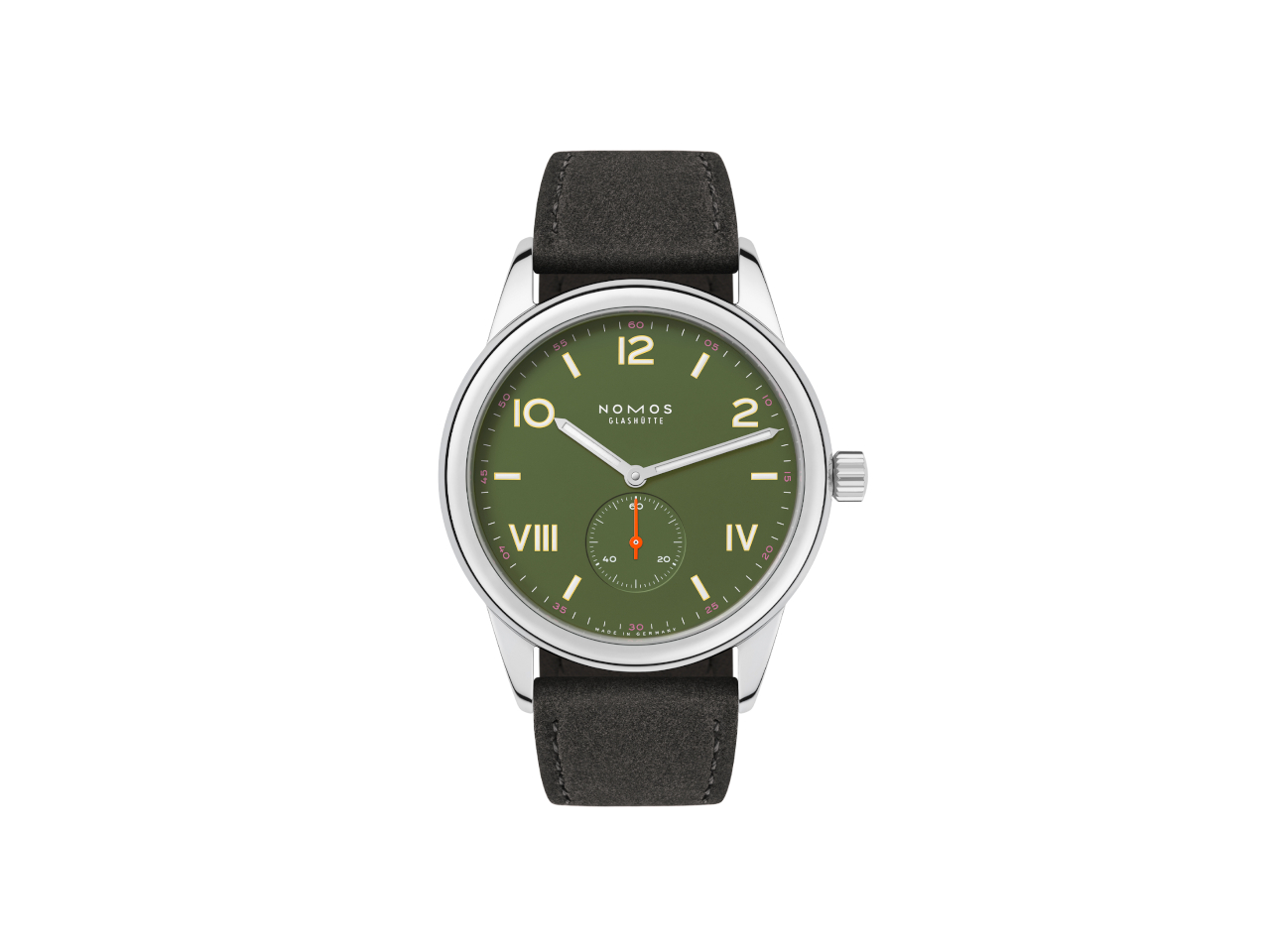 Nomos Glashütte Club Campus All Olive Handaufzug Edelstahl 38mm grünes Zifferblatt schwarzes Lederband Glasboden