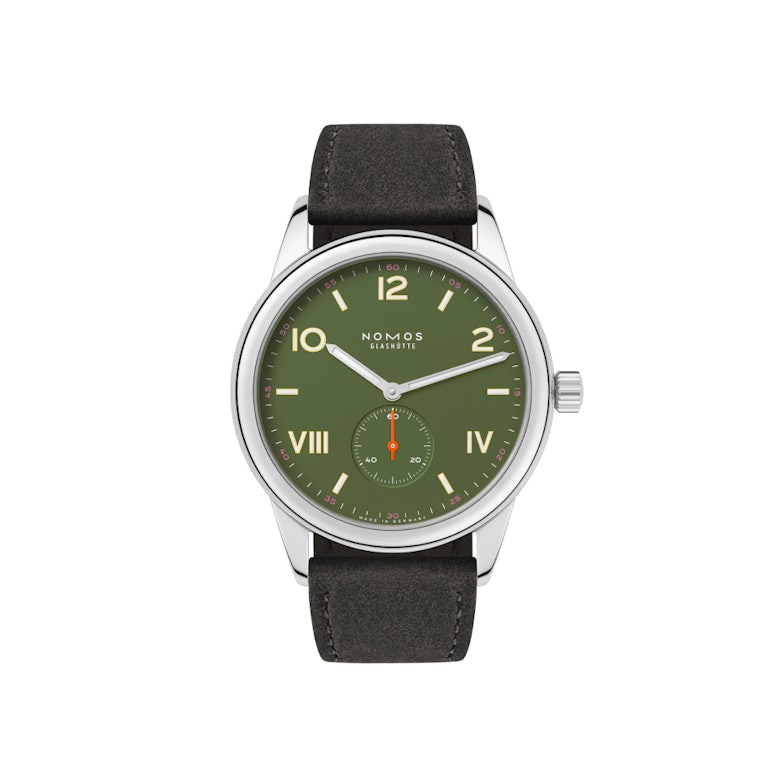 Nomos Glashütte Club Campus All Olive Handaufzug Edelstahl 38mm grünes Zifferblatt schwarzes Lederband Glasboden