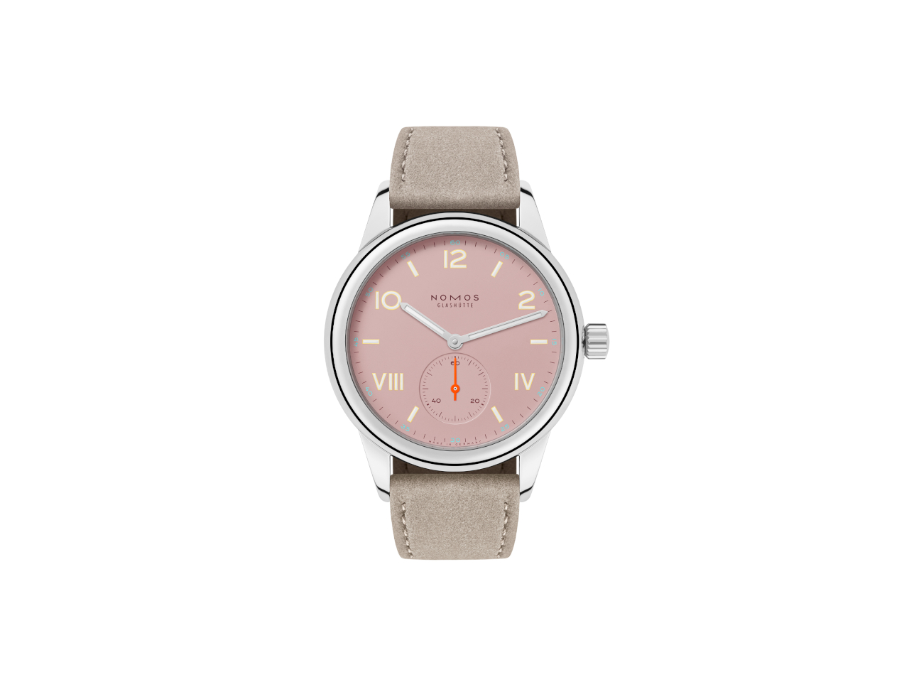 Nomos Glashütte Club Campus Full Rose Handaufzug Edelstahl 36mm rosa Zifferblatt beiges Lederband Stahlboden
