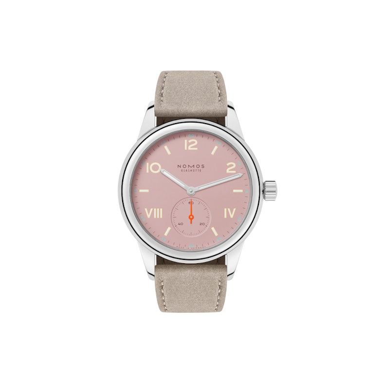 Nomos Glashütte Club Campus Full Rose Handaufzug Edelstahl 36mm rosa Zifferblatt beiges Lederband Stahlboden