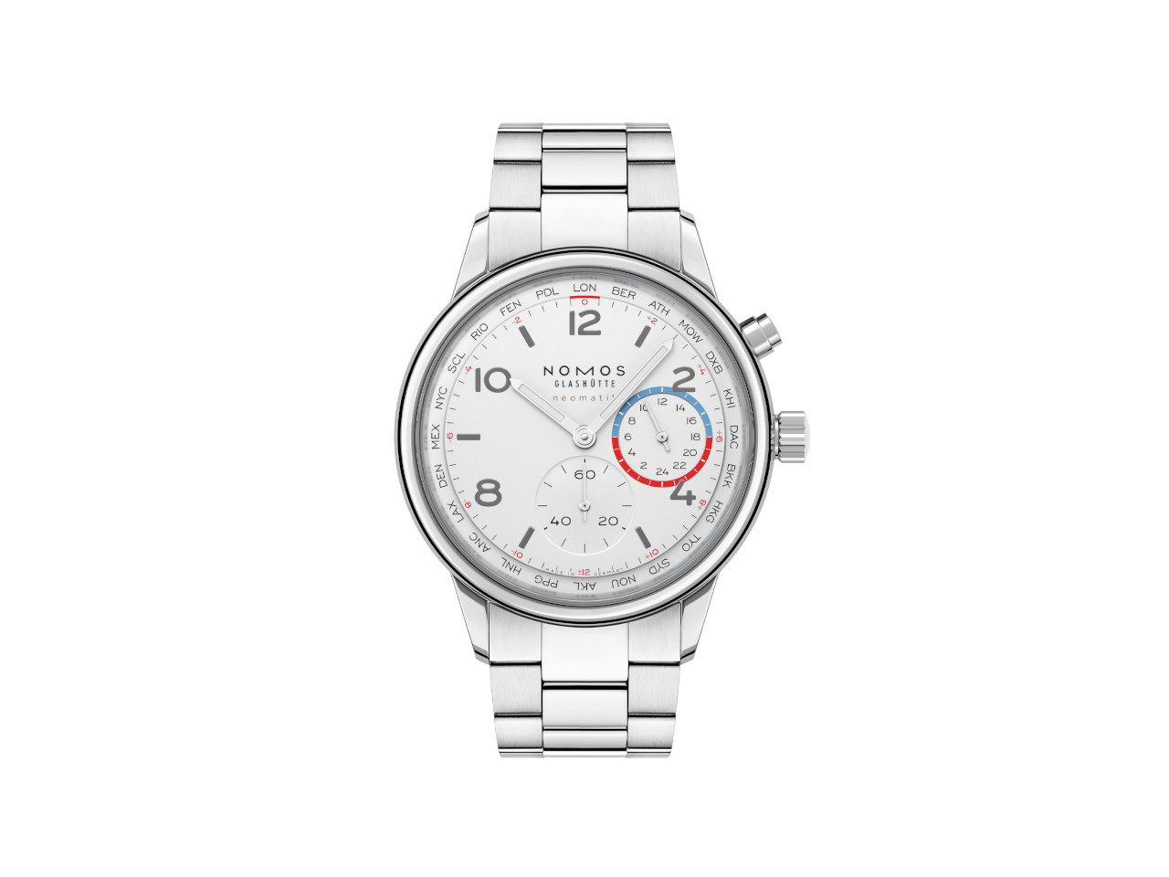 Nomos Glashütte Club Sport neomatik Weltzeit Automatik Edelstahl 40mm weißes Zifferblatt Metallband