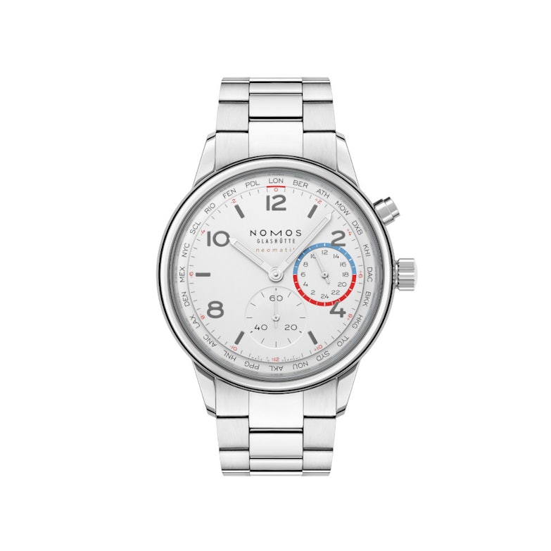 Nomos Glashütte Club Sport neomatik Weltzeit Automatik Edelstahl 40mm weißes Zifferblatt Metallband