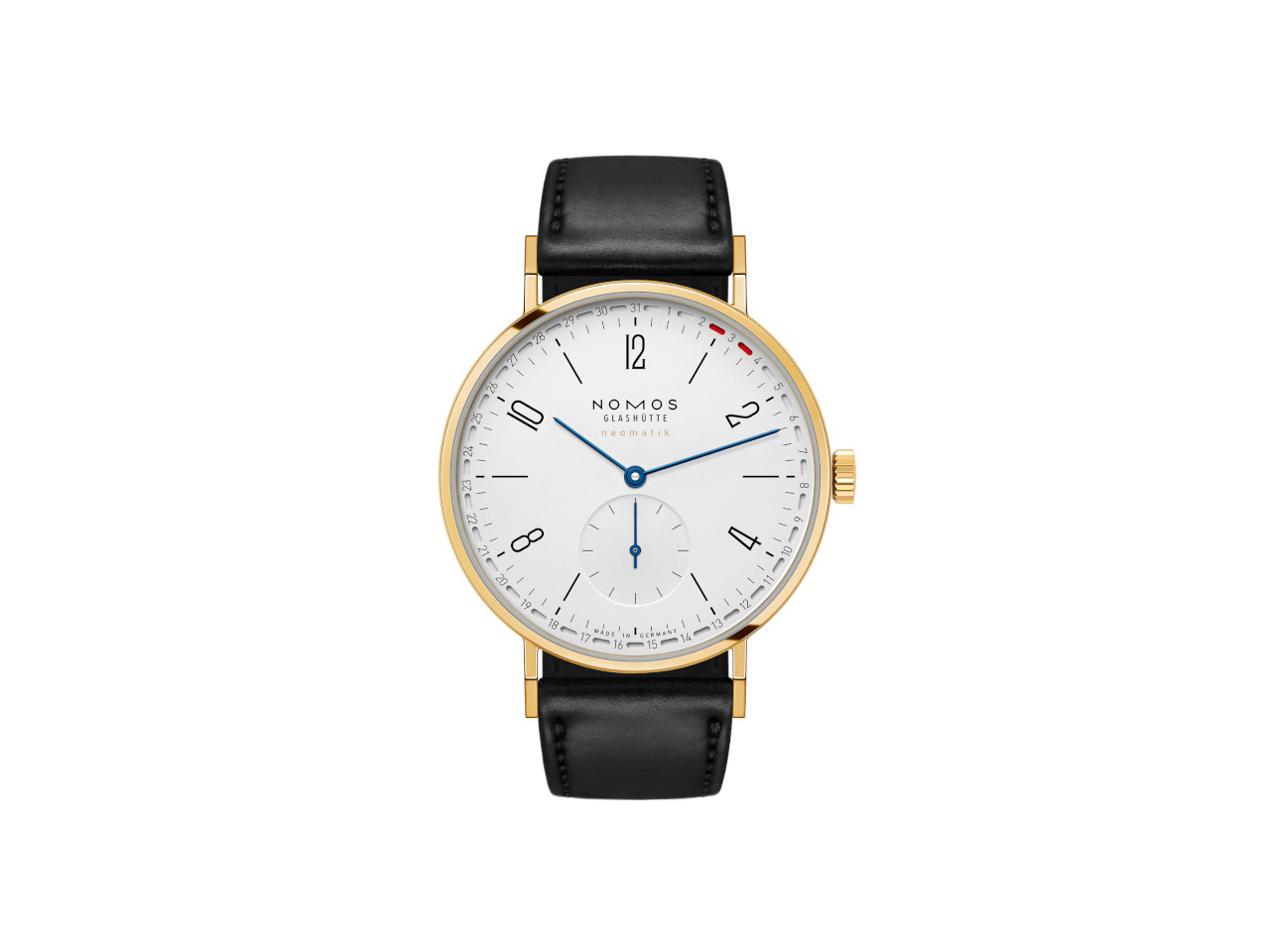 Nomos Glashütte Tangente Gold neomatik 38 Update Automatik Edelstahl 38mm weißes Zifferblatt schwarzes Lederband