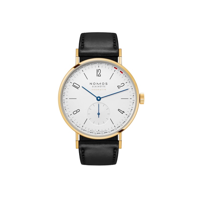 Nomos Glashütte Tangente Gold neomatik 38 Update Automatik Edelstahl 38mm weißes Zifferblatt schwarzes Lederband
