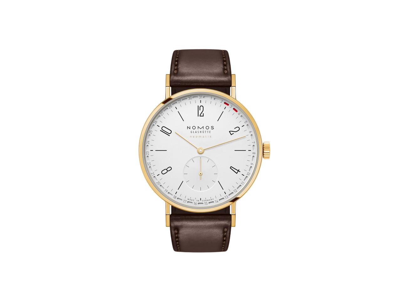 Nomos Glashütte Tangente Gold neomatik 38 Update Doré Automatik Edelstahl 38mm weißes Zifferblatt braunes Lederband