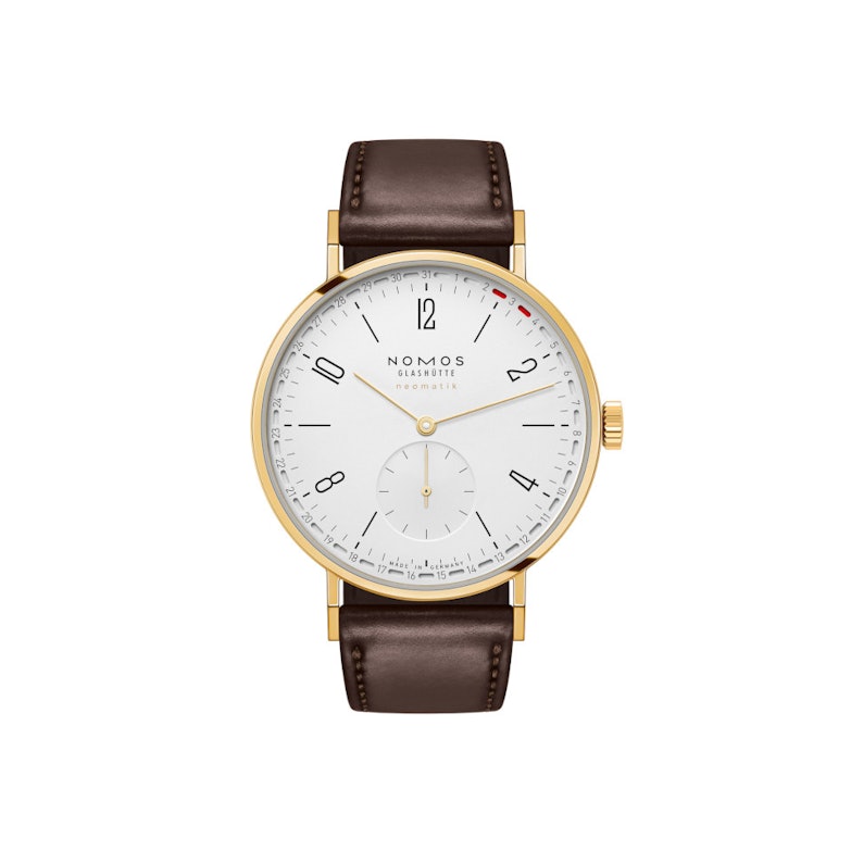 Nomos Glashütte Tangente Gold neomatik 38 Update Doré Automatik Edelstahl 38mm weißes Zifferblatt braunes Lederband