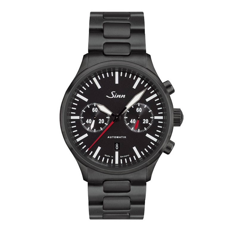 Sinn Spezialuhren 936 S Chronograph Automatik Edelstahl Schwarz-DLC 43mm schwarzes Zifferblatt schwarzes Lederband und Metallband limitiert