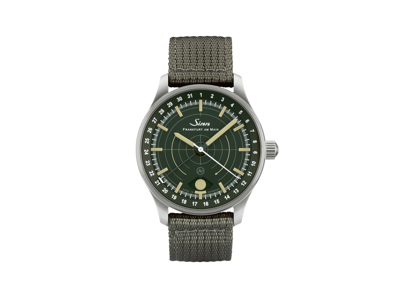 Sinn Spezialuhren 308 Jagduhr Automatik Edelstahl 40mm grünes Zifferblatt graues Textilband