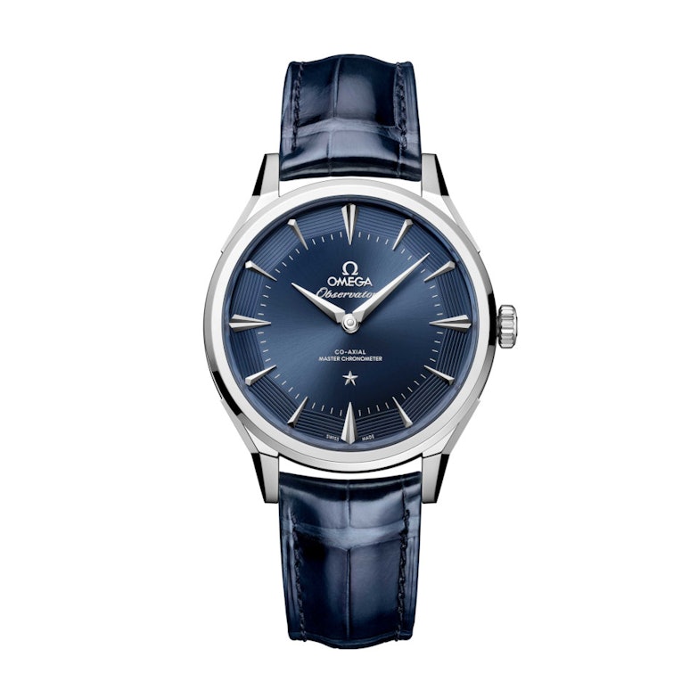 Omega Constellation Observatory Automatik Edelstahl 39mm blaues Zifferblatt blaues Lederband