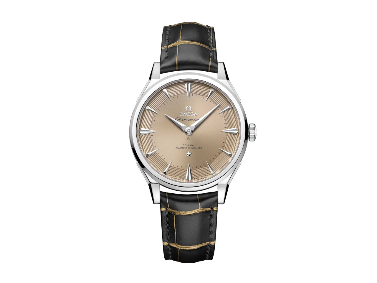 Omega Constellation Observatory Automatik Platin 39mm goldenes Zifferblatt schwarzes Lederband