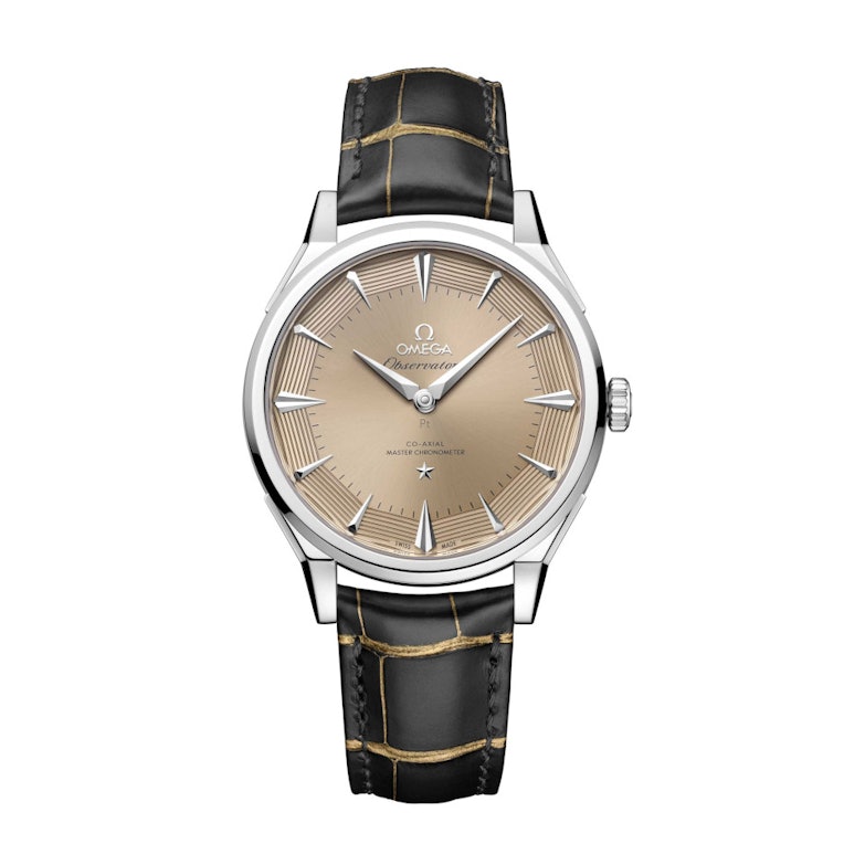 Omega Constellation Observatory Automatik Platin 39mm goldenes Zifferblatt schwarzes Lederband