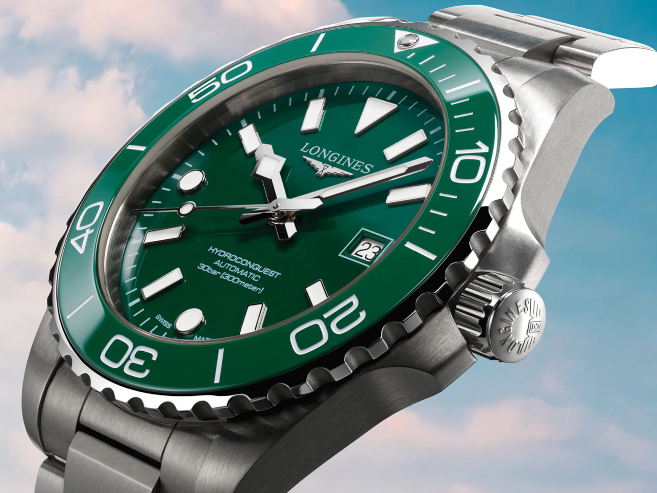 Longines HydroConquest Automatik Edelstahl 42mm grünes Zifferblatt Metallband