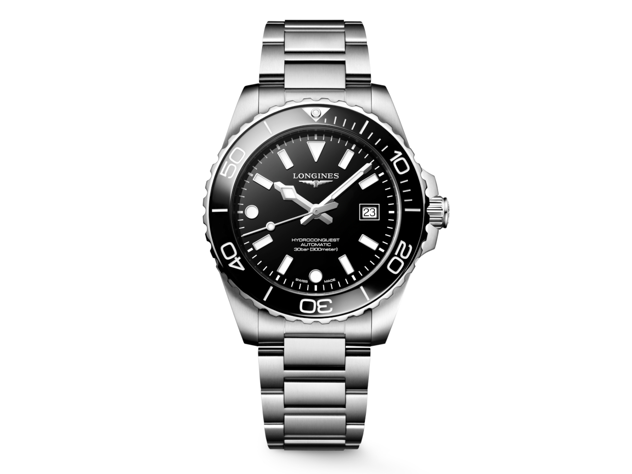 Longines HydroConquest Automatik Edelstahl 42mm schwarzes Zifferblatt Metallband