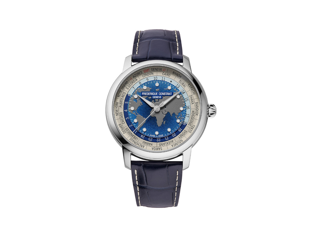 Frederique Constant Manufacture Classic Worldtimer Automatik Edelstahl 40mm blaues Zifferblatt blaues Lederband