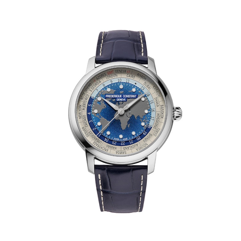 Frederique Constant Manufacture Classic Worldtimer Automatik Edelstahl 40mm blaues Zifferblatt blaues Lederband