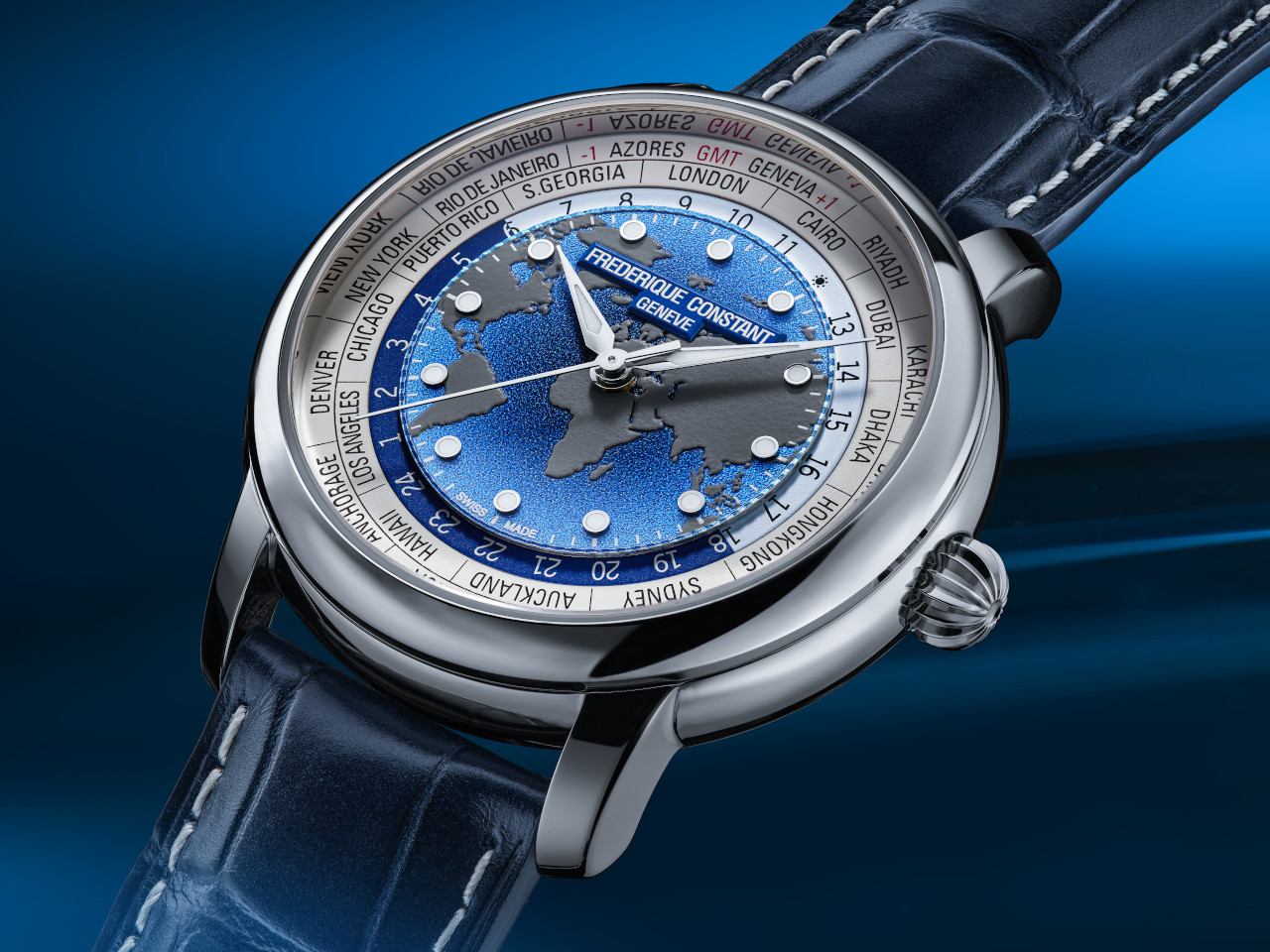 Frederique Constant Manufacture Classic Worldtimer Automatik blaues Zifferblatt blaues Lederband