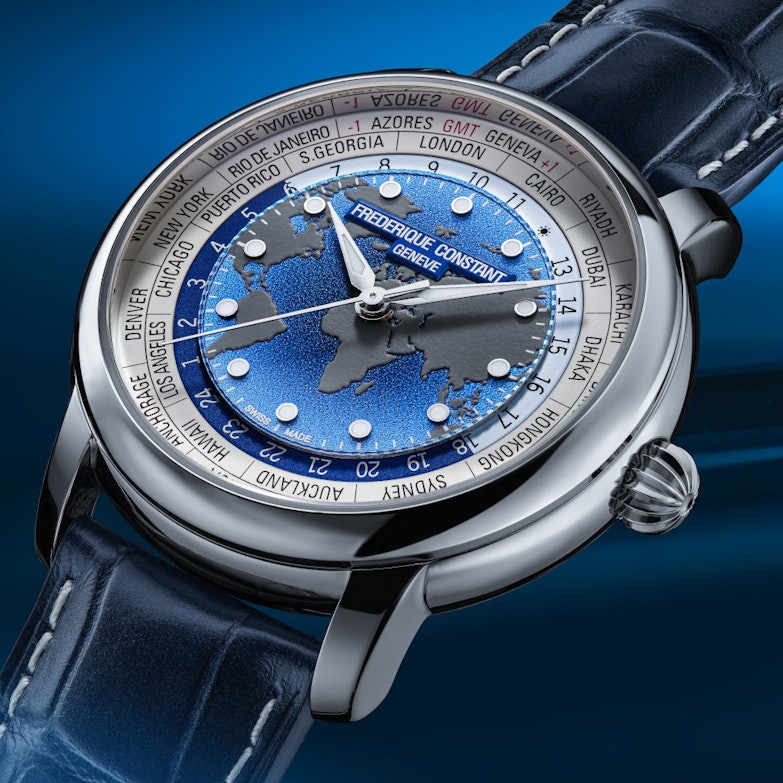 Frederique Constant Manufacture Classic Worldtimer Automatik blaues Zifferblatt blaues Lederband