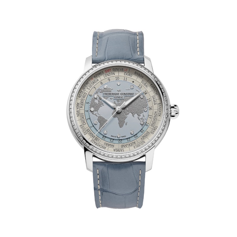 Frederique Constant Manufacture Classic Worldtimer Automatik Edelstahl 40mm blaues Zifferblatt mit Brillanten blaues Lederband limitiert