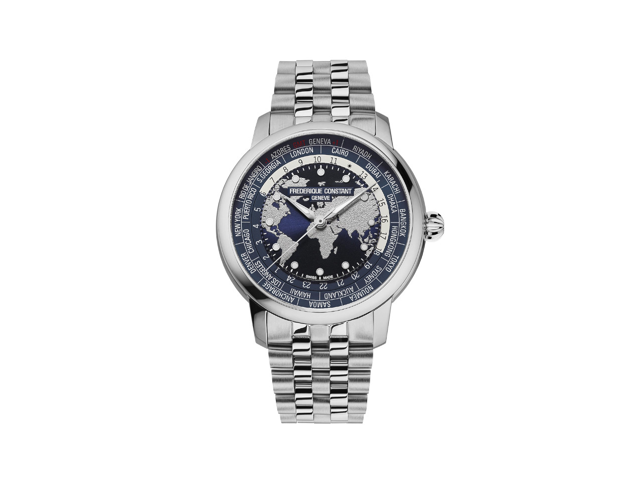 Frederique Constant Manufacture Classic Worldtimer Automatik Edelstahl 40mm blaues Zifferblatt Metallband