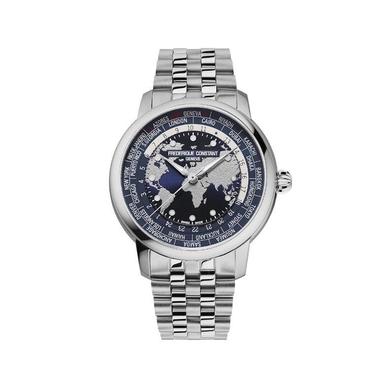 Frederique Constant Manufacture Classic Worldtimer Automatik Edelstahl 40mm blaues Zifferblatt Metallband