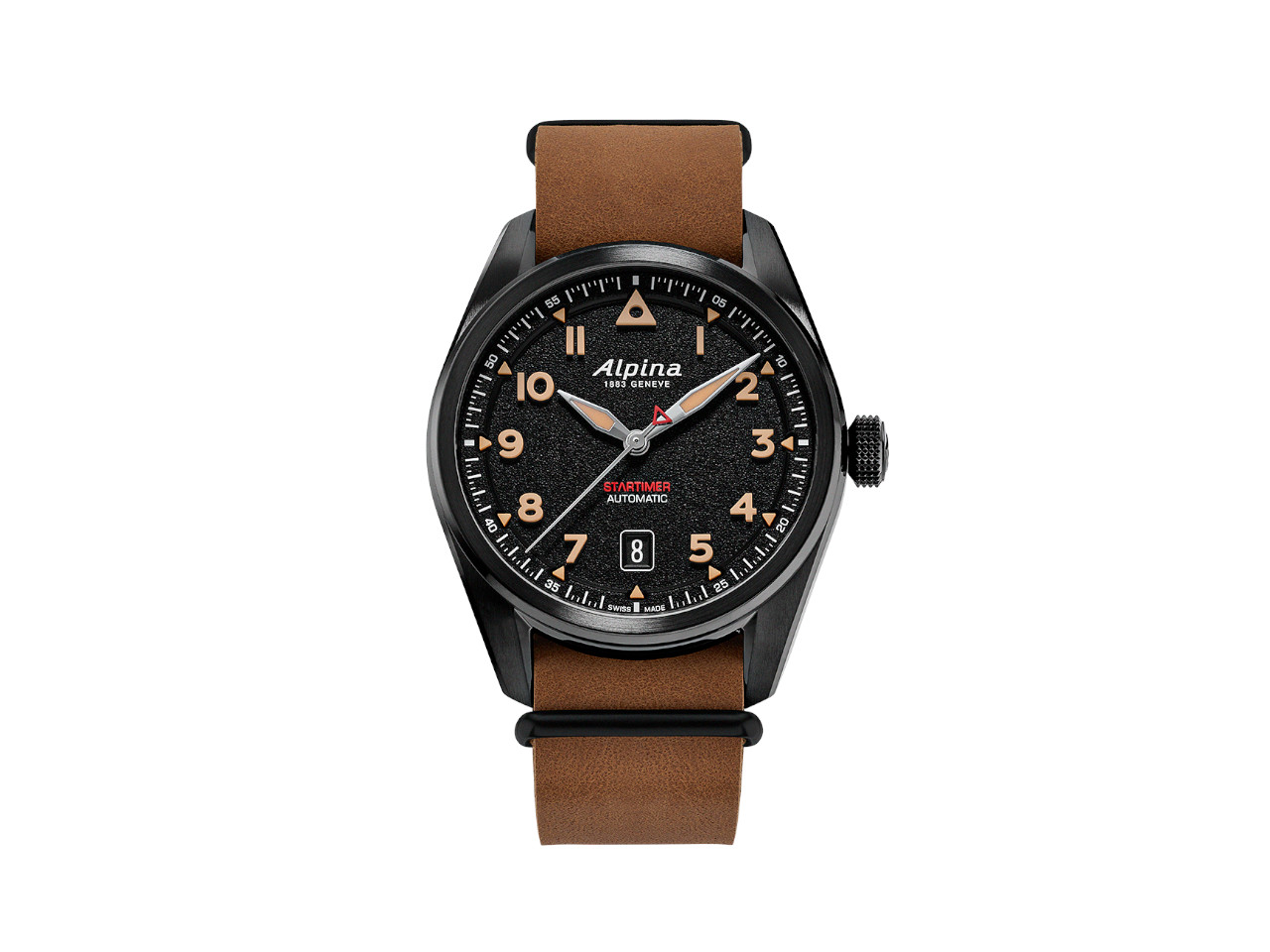 Alpina Startimer Pilot Automatik Edelstahl Schwarz-PVD 40mm schwarzes Zifferblatt braunes Lederband