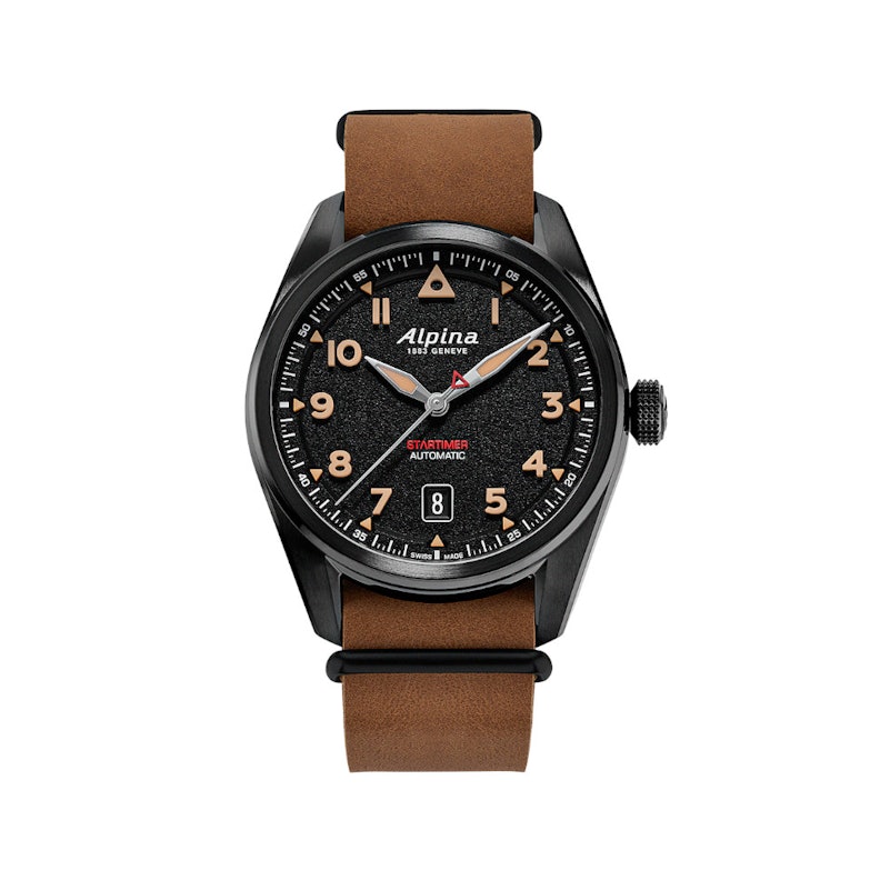 Alpina Startimer Pilot Automatik Edelstahl Schwarz-PVD 40mm schwarzes Zifferblatt braunes Lederband