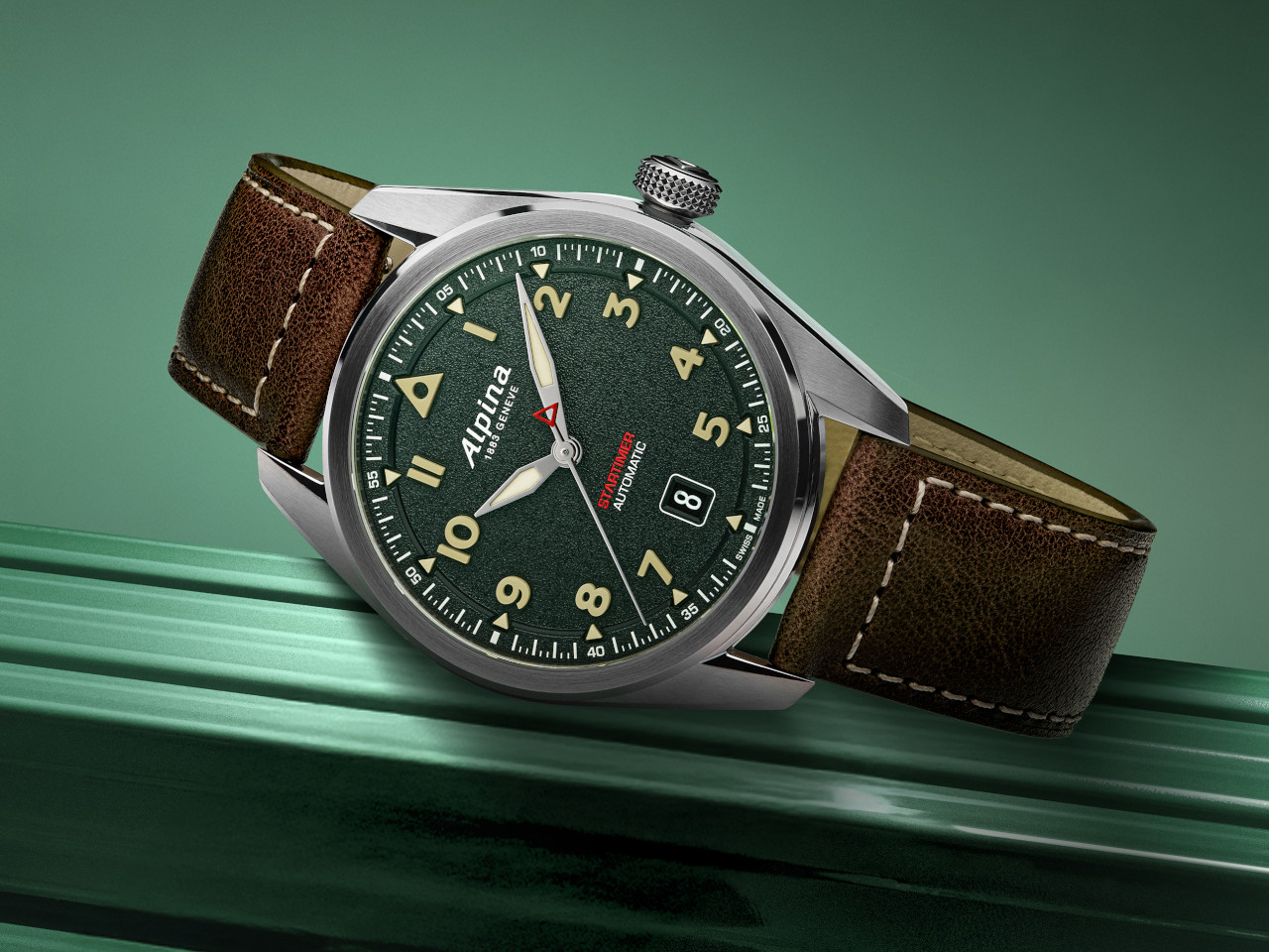 Alpina Startimer Pilot Automatik Edelstahl 40mm graues Zifferblatt braunes Lederband