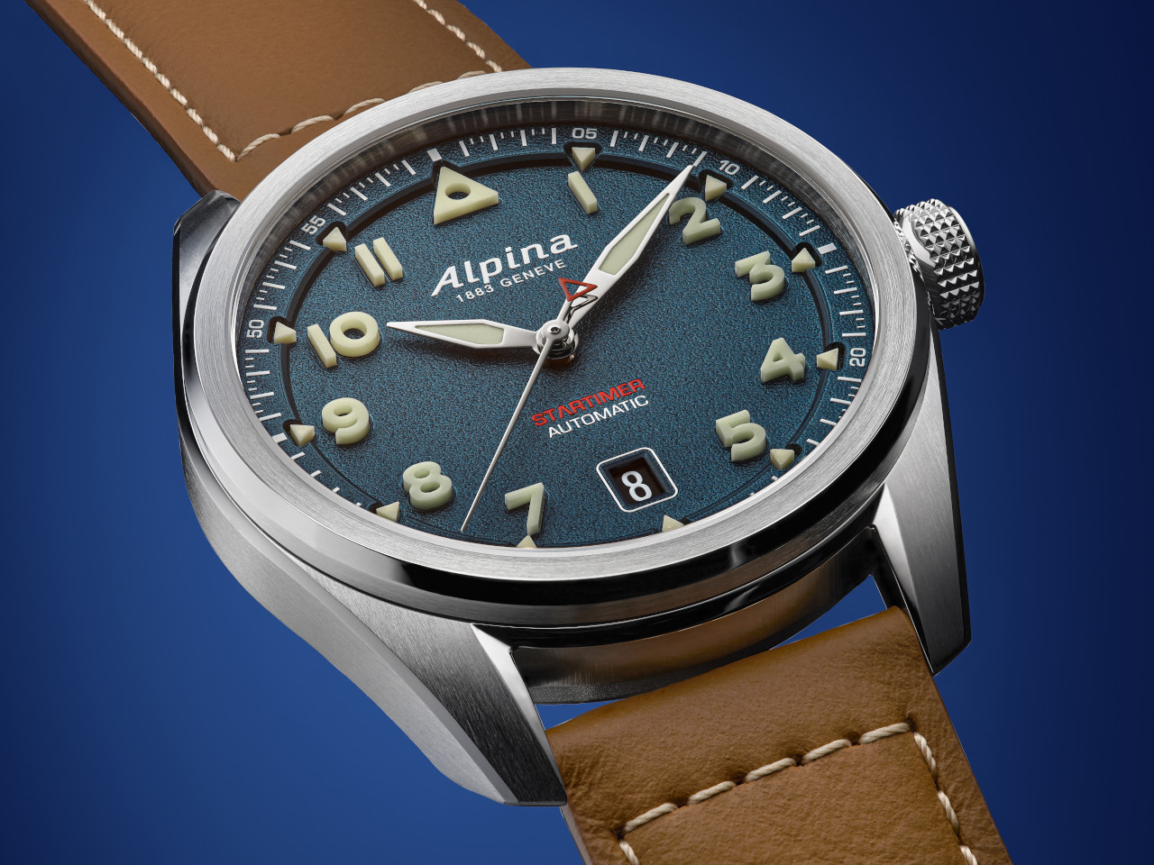 Alpina Startimer Pilot Automatik Edelstahl 40mm blaues Zifferblatt braunes Lederband