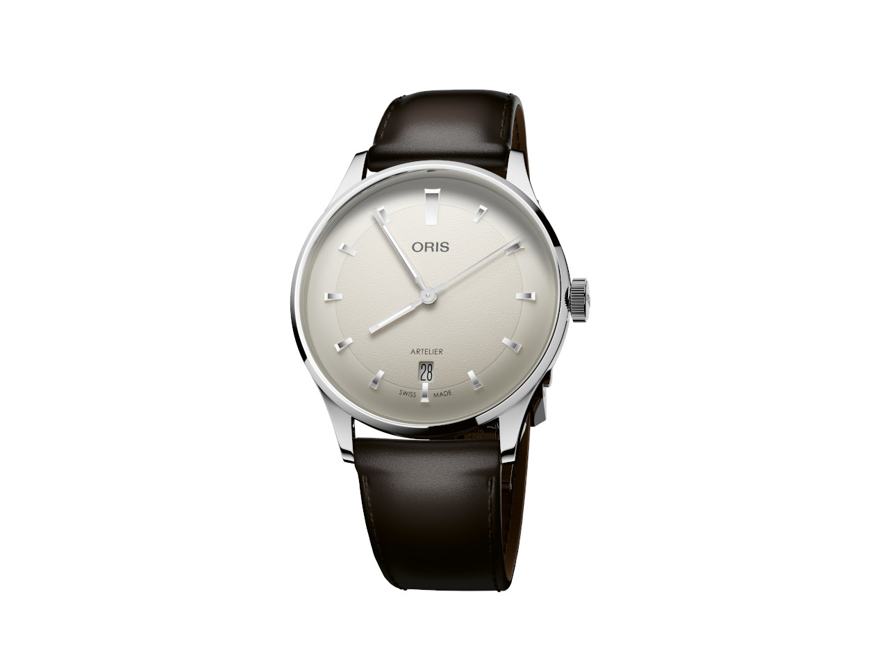 Oris Artelier Date Automatik Edelstahl 38mm weißes Zifferblatt braunes Lederband