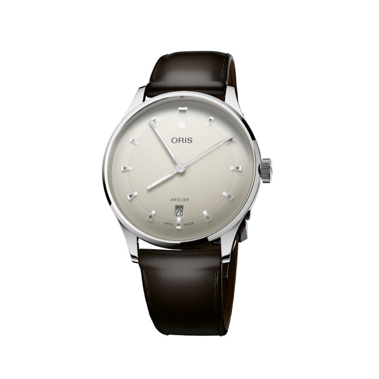 Oris Artelier Date Automatik Edelstahl 38mm weißes Zifferblatt braunes Lederband