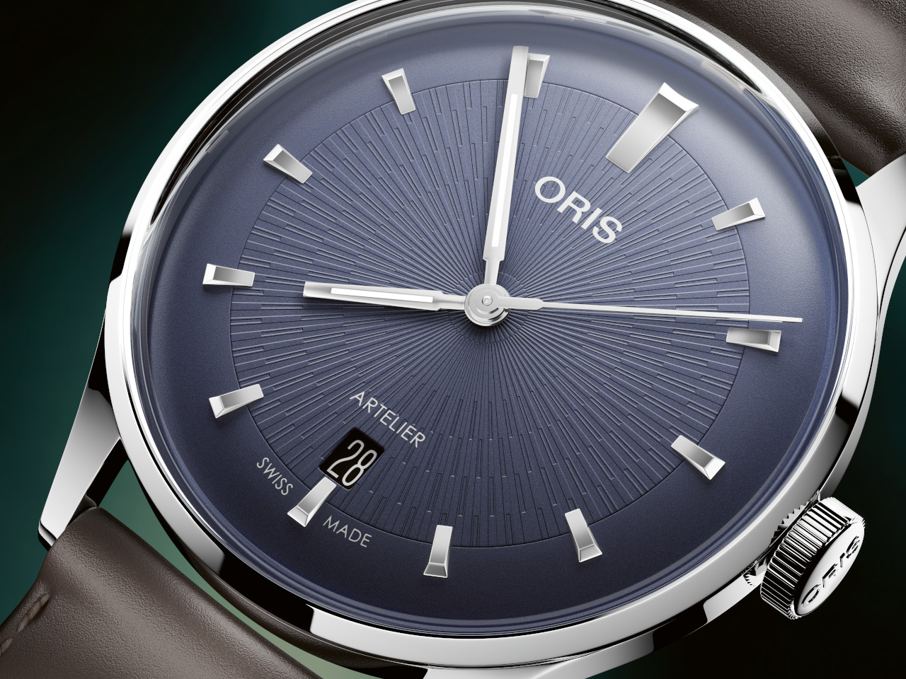 Oris Artelier Date Automatik Edelstahl 38mm blaues Zifferblatt braunes Lederband