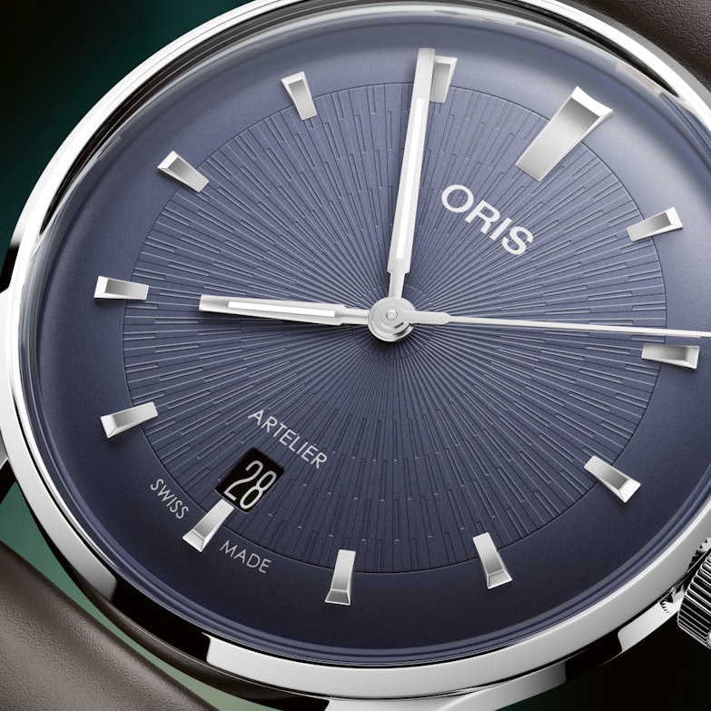 Oris Artelier Date Automatik Edelstahl 38mm blaues Zifferblatt braunes Lederband