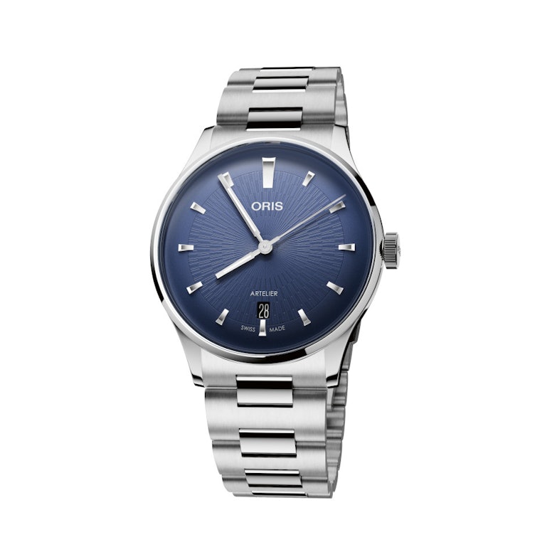 Oris Artelier Date Automatik Edelstahl 38mm blaues Zifferblatt Metallband