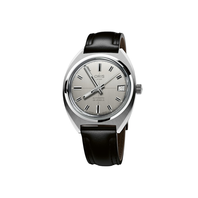 Oris Star Automatik Edelstahl 35mm silbernes Zifferblatt schwarzes Lederband