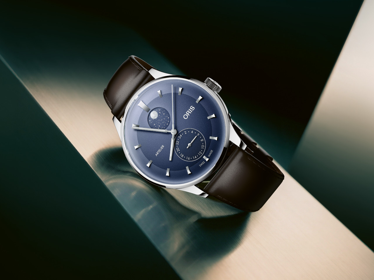 Oris Artelier Complication Automatik Edelstahl 39,5mm blaues Zifferblatt braunes Lederband