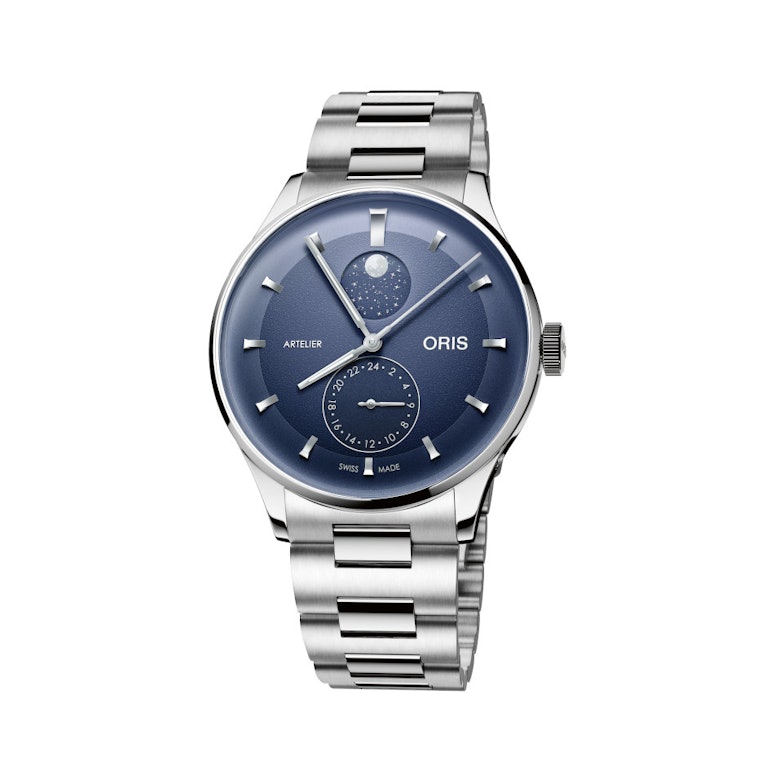 Oris Artelier Complication Automatik Edelstahl 39,5mm blaues Zifferblatt Metallband