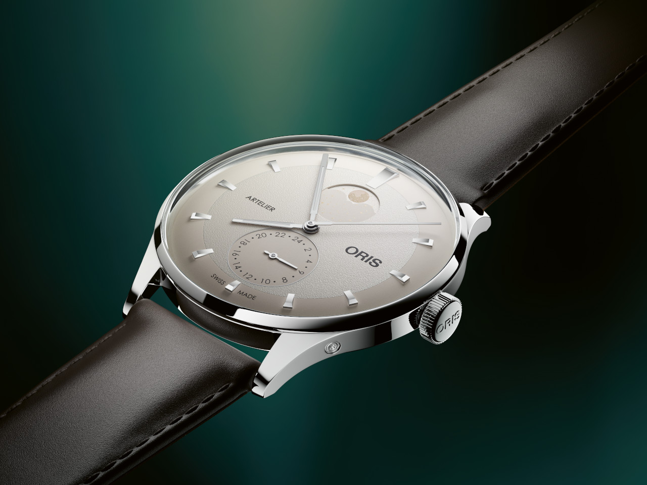 Oris Artelier Complication Automatik Edelstahl 39,5mm weißes Zifferblatt braunes Lederband