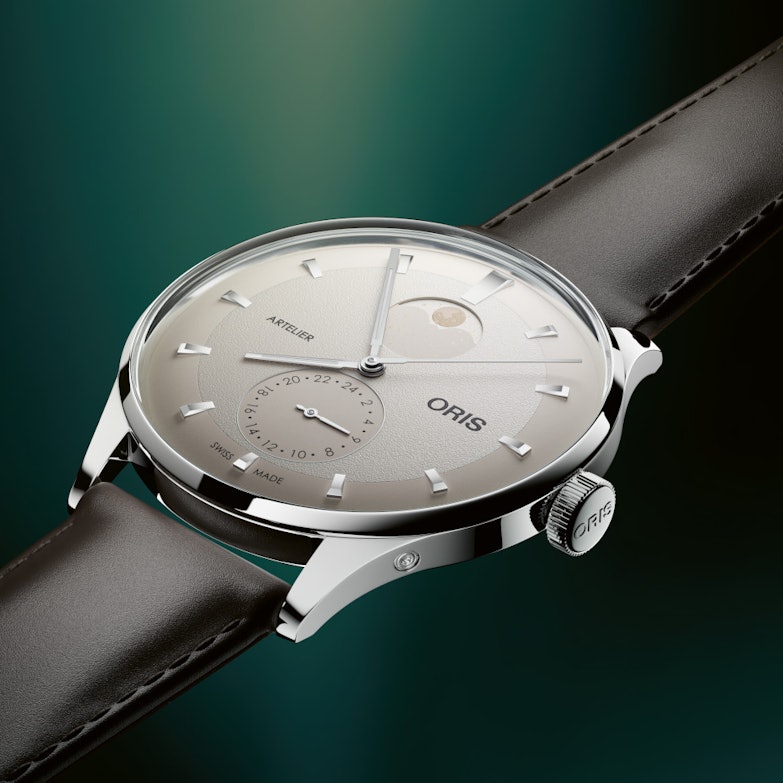 Oris Artelier Complication Automatik Edelstahl 39,5mm weißes Zifferblatt braunes Lederband