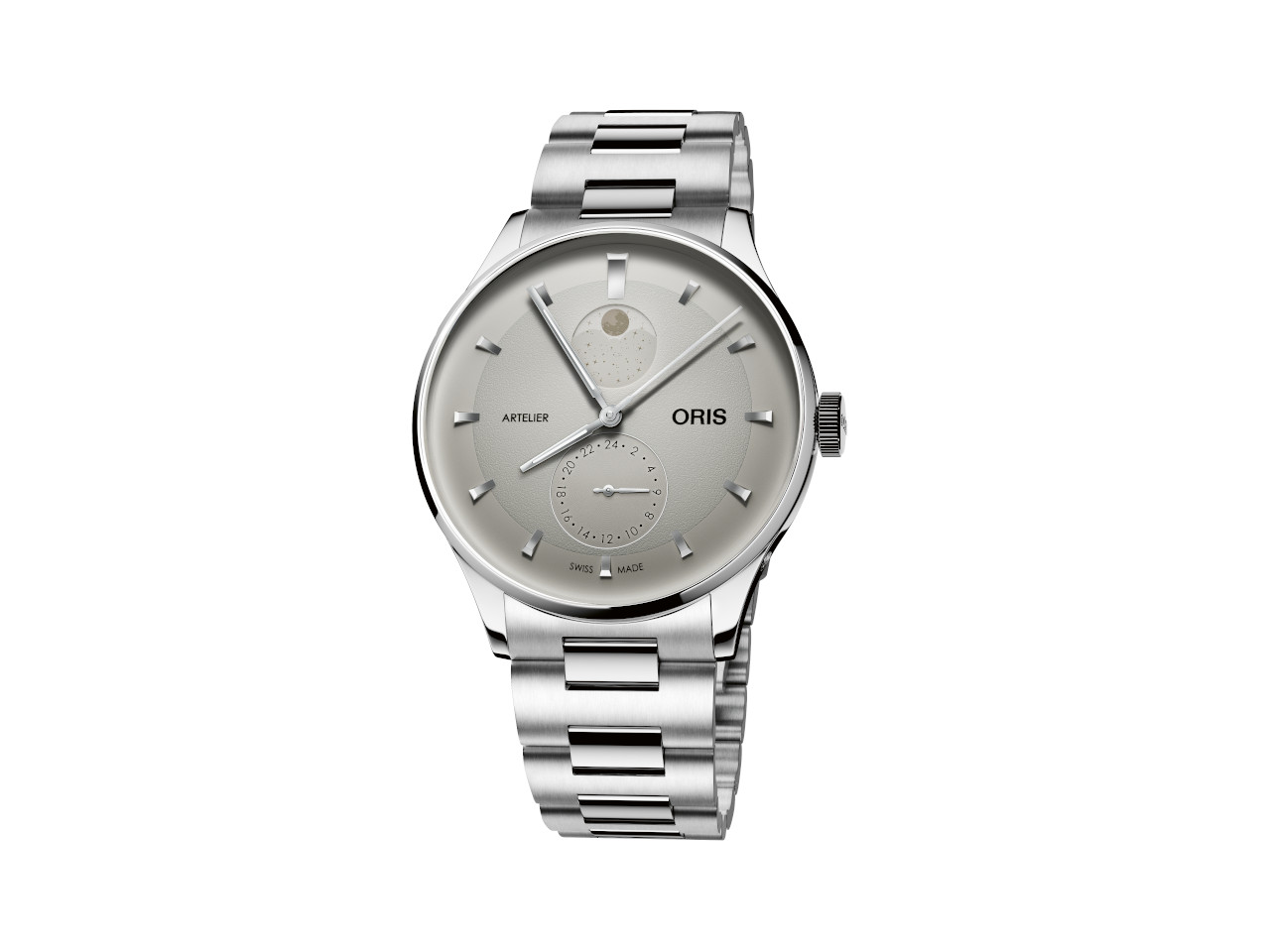 Oris Artelier Complication Automatik Edelstahl 39,5mm weißes Zifferblatt Metallband