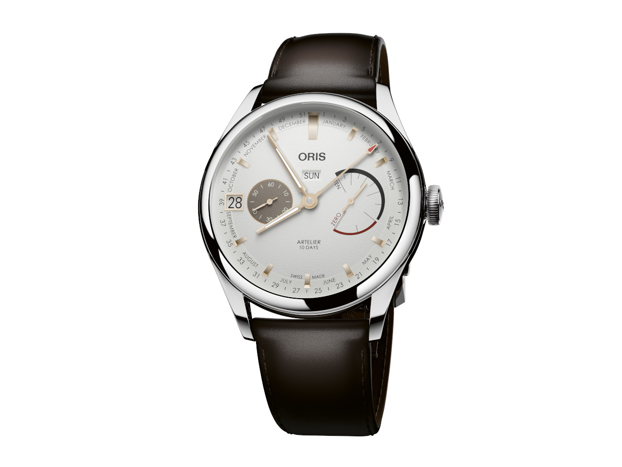 Oris Artelier Calibre 113 Handaufzug Edelstahl 43mm weißes Zifferblatt braunes Lederband