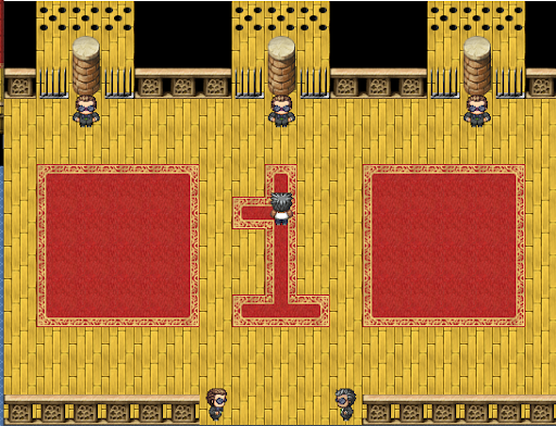 Tela da fase de perguntas do jogo Viajando na surdina. Exibindo uma sala de tijolos amarelos com dois tapetes e um número 1 grande em vermelho. A sala tem a entrada guardada por duas pessoas de terno, tendo também três caminhos para seguir. Cada caminho é guardado por um guarda, possui grades de metal e buracos no chão.