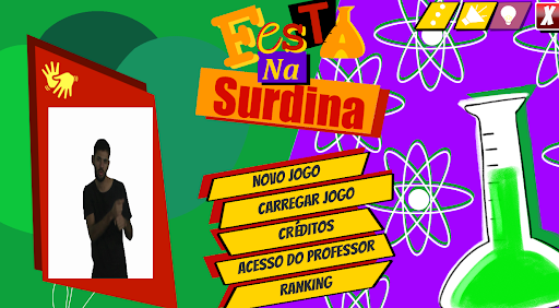 Tela de abertura do jogo Festa na Surdina, contendo ilustrações de átomos e béqueres espalhados pela tela. Ao centro, as opções "Novo jogo", "Carregar Jogo", "Créditos", "Acesso do Professor" e "Ranking".
