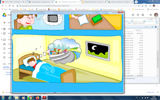 Tela do jogo sonho de Juca, contendo a ilustração de Juca, um menino branco de curtos cabelos castanhos, está dormindo e sonhando com uma cidade limpa.