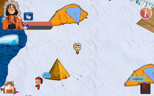 Tela do jogo Expedição Antártica, contendo uma região coberta de neve e várias barracas amarelas dos pesquisadores. O personagem está no estilo Chibi ao centro da tela, vestindo um casaco laranja. No canto superior direito está o personagem acompanhado de suas barras de vida, experiência e o botão para tradução em Libras.