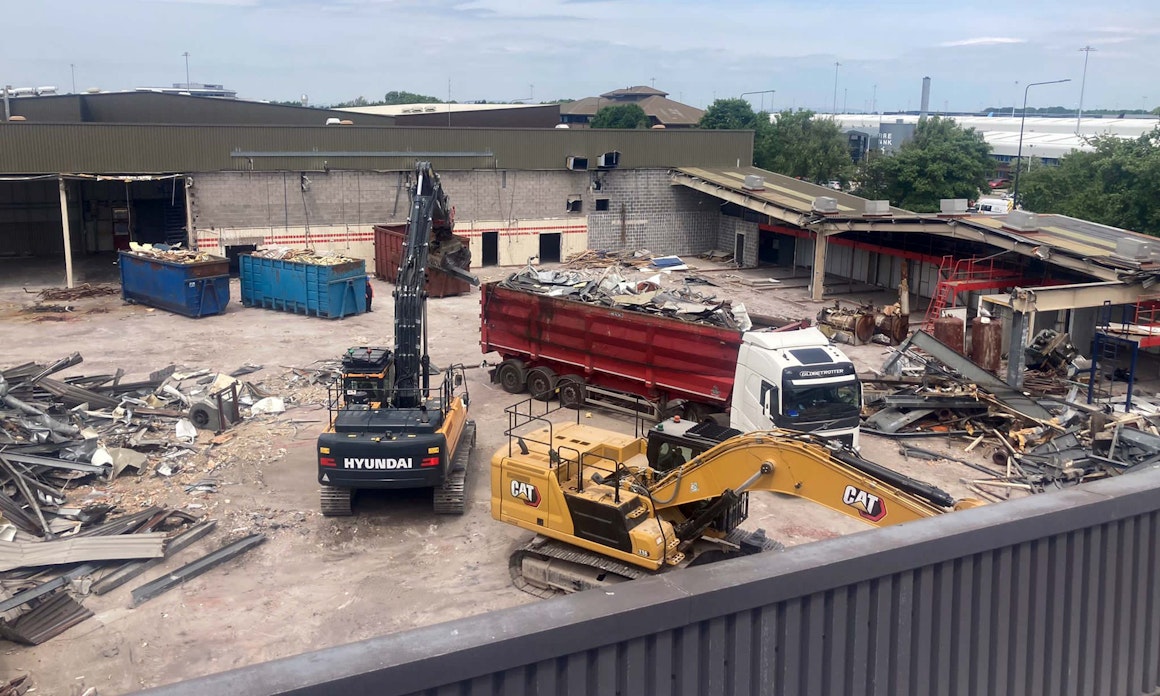 Demolition of Skychefs building in Manchester Airport's Freight Terminal